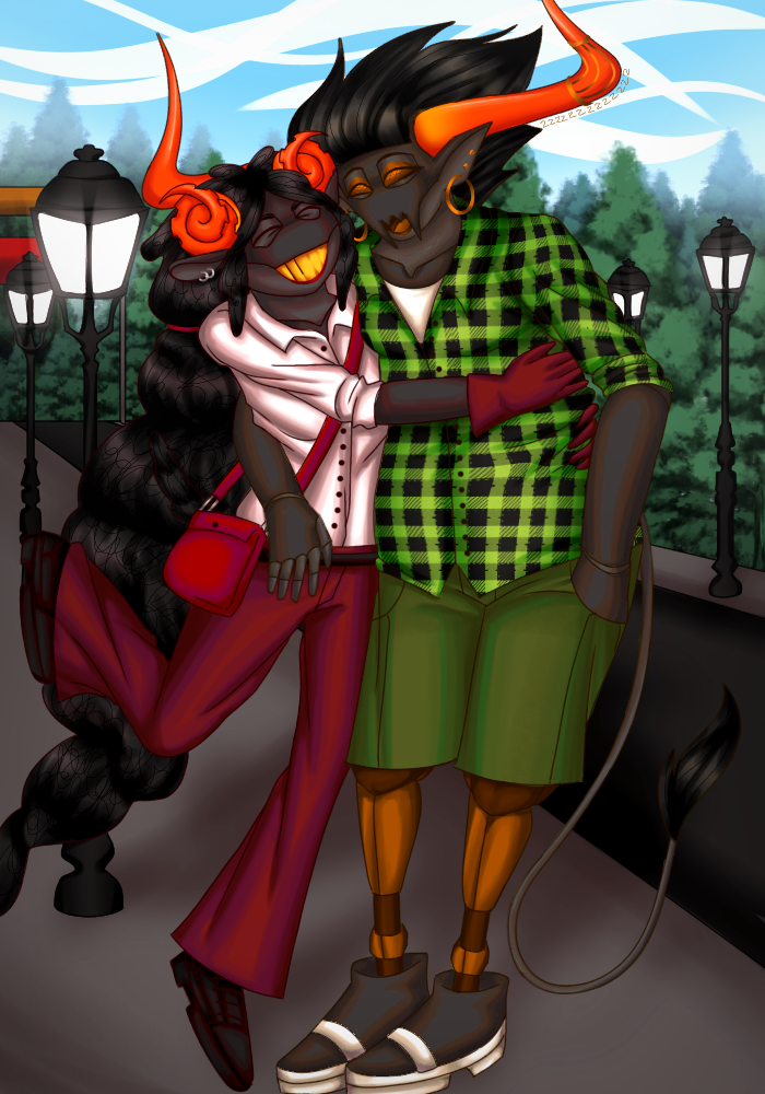 Digital art of Tavros and Aradia on the sidewalk, who are drawn to be both adults. Aradia is hugging Tavros, as they wrap an arm around Aradia’s waist. They are both smiling.Digital art of Tavros and Aradia on the sidewalk, who are drawn to be both adults. Aradia is hugging Tavros, as they wrap an arm around Aradia’s waist. They are both smiling.